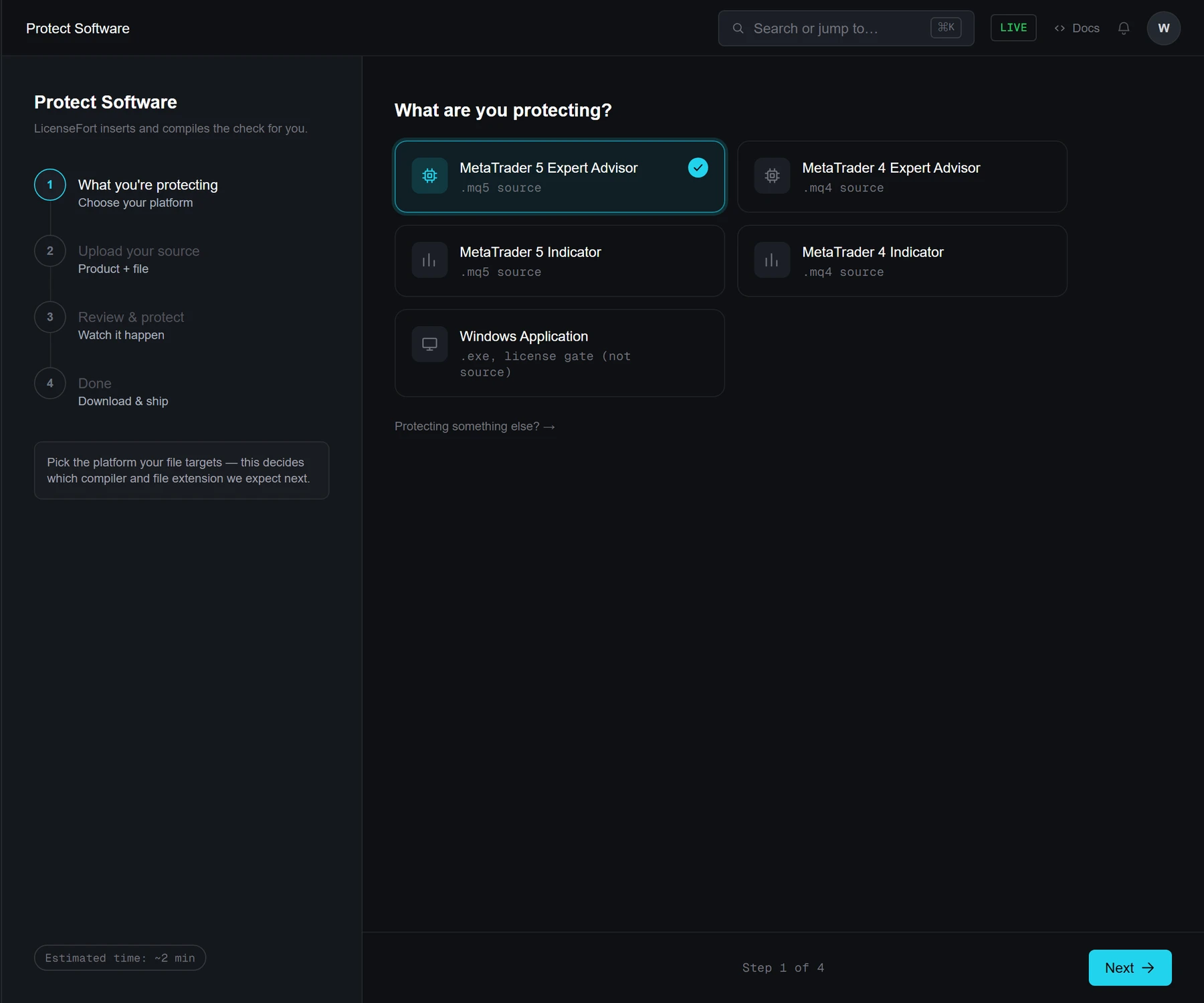 Protect Software wizard step 1: choosing MetaTrader 5 Expert Advisor as the platform to protect.
